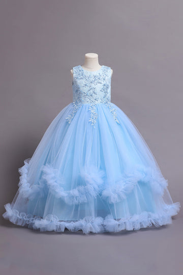 Tulle Beaded Blue Girls Kjoler med applikationer